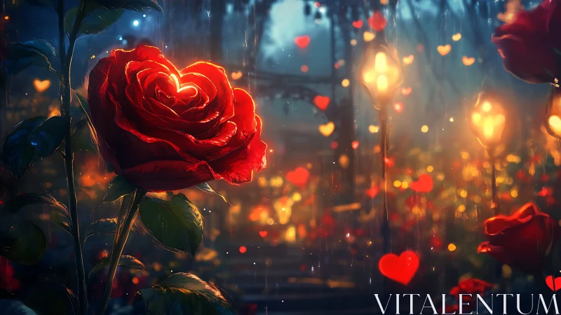 Luminous Red Rose Glowing Among Bokeh Hearts