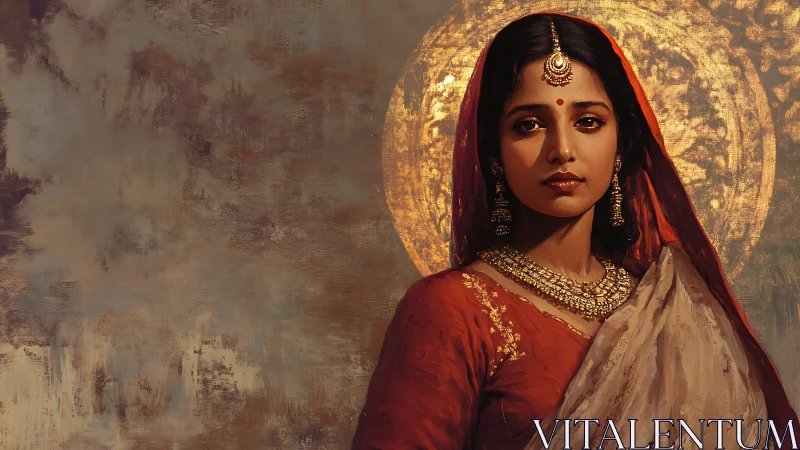 Portrait of woman in traditional attire with gold halo.