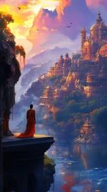 River terrace mystic gazes toward a sunrise palace city.