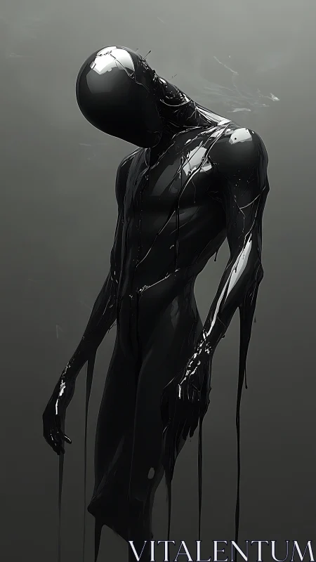 Black humanoid figure drips liquid gloss in neutral space