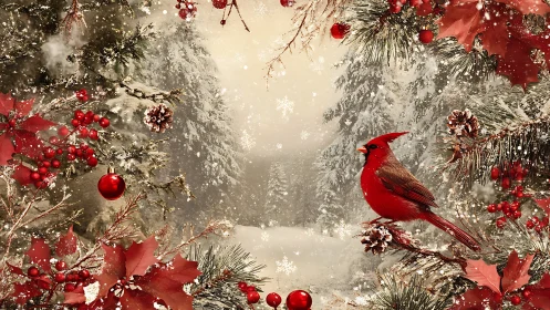 Crimson cardinal in ornate Christmas forest snowfall scene.