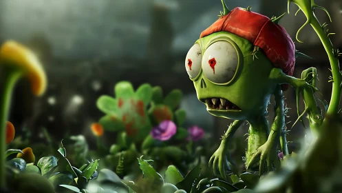 Spiky green zombie plant stalks lush garden at dusk.