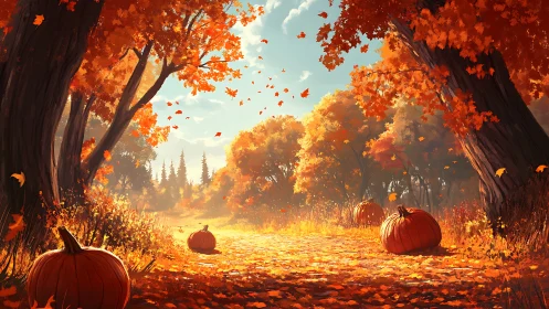 Autumn woodland path with pumpkins under orange foliage.