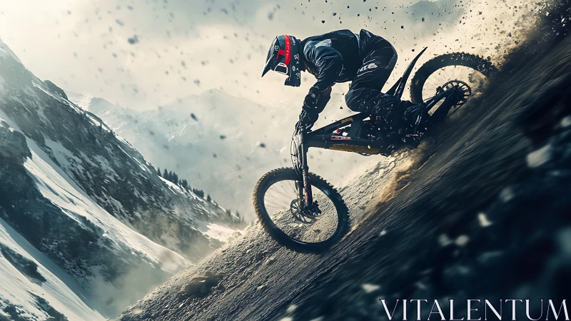 Fearless mountain biker carving a fast line through snow and dirt.