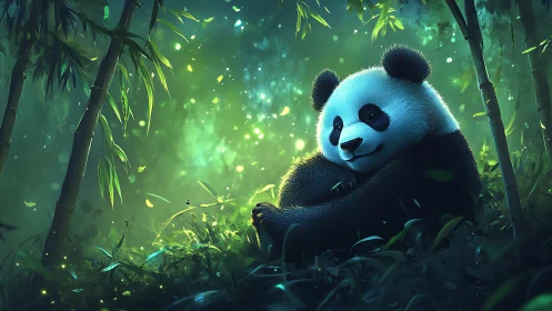Dreamlit panda drifts in emerald bamboo forest glow.