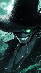 Dark pirate in storm with glowing green eye and grin.