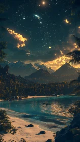 Starlit tropical bay under cosmic night sky panorama.