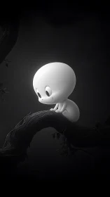 Softly illuminated ghostly character perched on dark branch