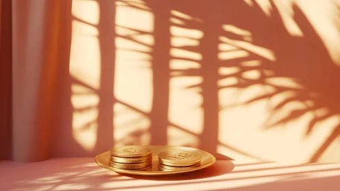 Golden coins on a plate with tropical shadows, minimalist style.