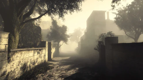 Foggy stone-walled lane with distant buildings and trees.