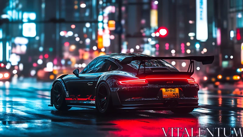 Neon-soaked sports car roaring through futuristic city streets.