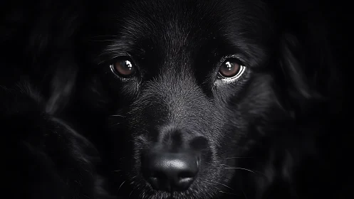 Midnight-eyed dog gazes through velvet darkness in silence.