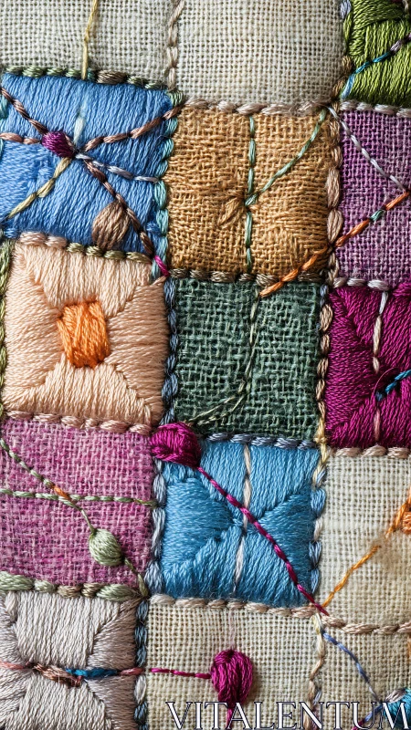 Close-up shows multicolored embroidered patchwork textile surface