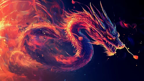 Blazing cosmic dragon curling through painted starlight.
