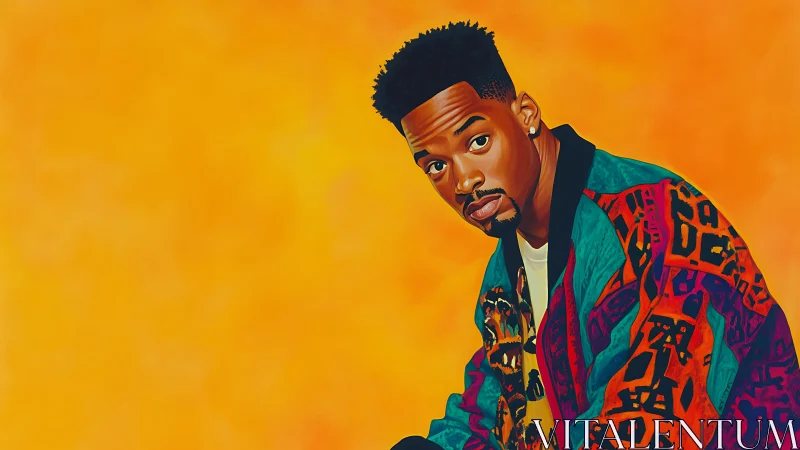 Portrait of man in bold patterned jacket on orange field.