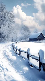 Snow-quiet country lane curving toward a lone winter cabin.