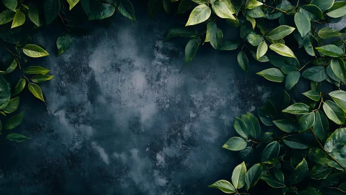 Dark patinated concrete framed by glossy botanical foliage