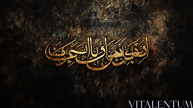 Golden Arabic calligraphy glows on a dark textured wall