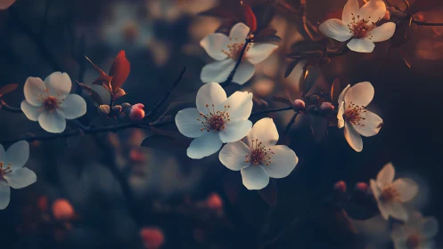 Spring Blossoms in Warm Luminescence: Photorealistic Botanical Study.