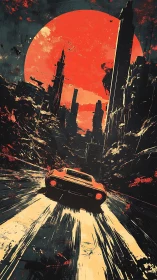 Red sports car races through ruined city under huge sun.