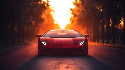Red sports car on tree lined road at low sun backlight.