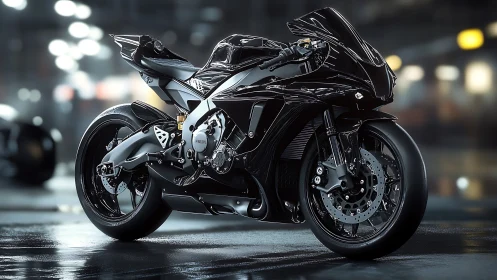 Photorealistic superbike profile with reflective urban night lighting.