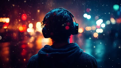 Solitary listener embraces neon city rain in quiet escape