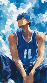 Aerodynamic blue-haired athlete under impasto skyscape.