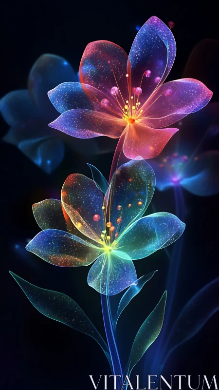 Bioluminescent Flowers Blooming Against Dark Space