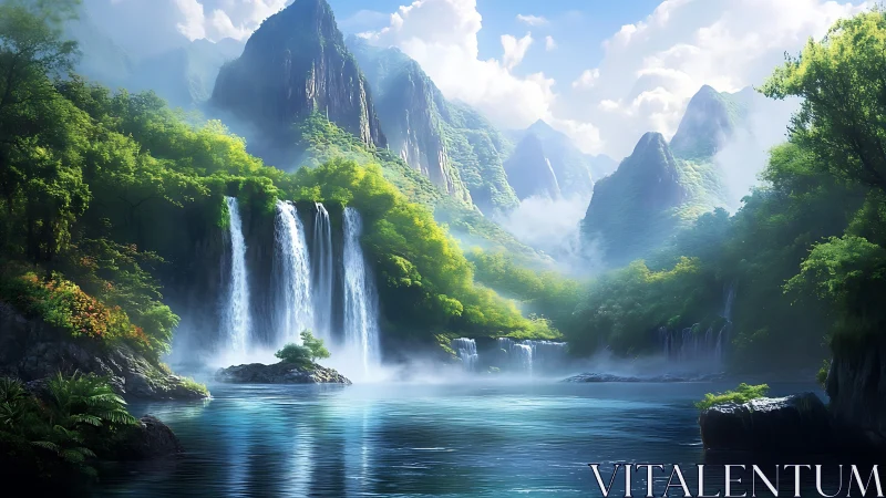 Mountain waterfall valley glows under soft morning light