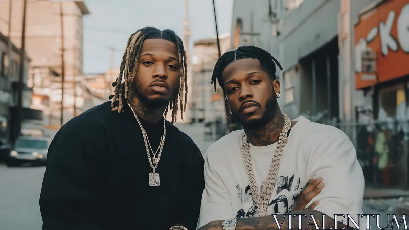 Urban duo portrait with streetwear styling and soft bokeh depth.