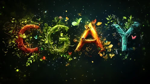 Nature-themed CGAY letter composition with foliage and light.