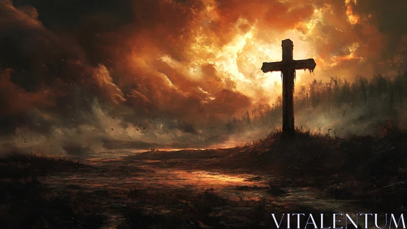 Storm-lit wooden cross stands calm beneath a blazing sky