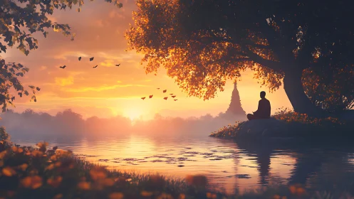 Monk silhouette meditating beside river at radiant sunset.