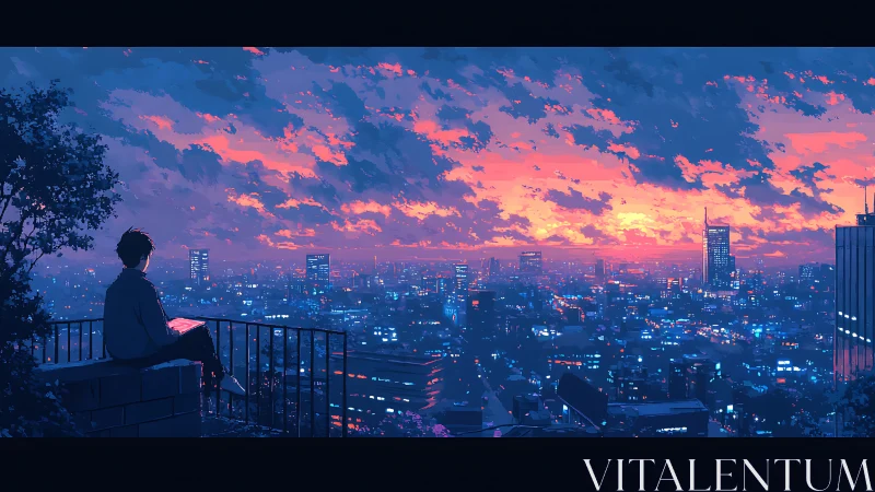 Solitary figure on rooftop overlooking illuminated cityscape.