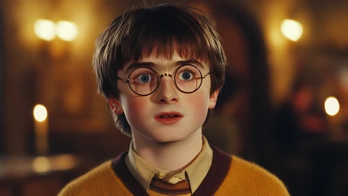 Surprised boy in round glasses in warm indoor light.