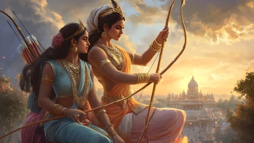 Sunlit warrior sisters draw their bows above a golden temple
