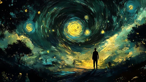 Silhouetted stargazers wander beneath swirling cosmic wind