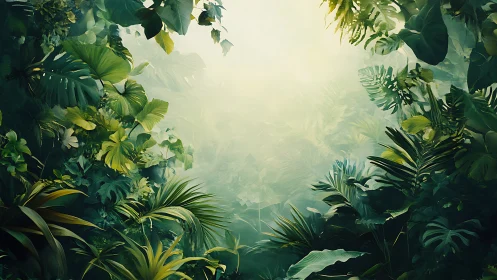 Dense tropical forest canopy with layered green vegetation and diffuse light