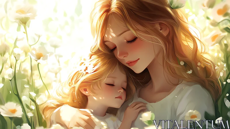 Mother and child embrace peacefully in a bright flower field