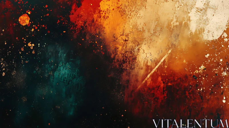 Dynamic abstract splatter painting in fiery orange and deep teal tones.