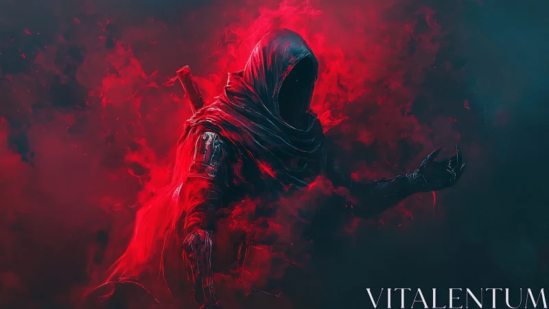 Shrouded crimson wraith emerging from swirling red fog.