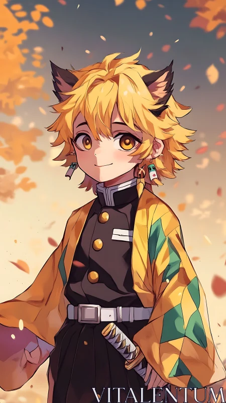 Fox-eared swordsman stands under drifting autumn leaves.