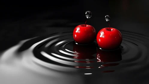 Cherry twins whisper secrets in glossy black ripples tonight