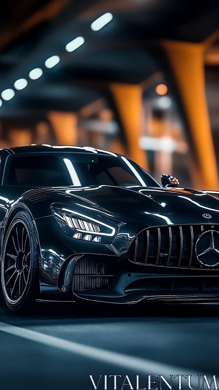 Black sports coupe under urban tunnel lights at night.