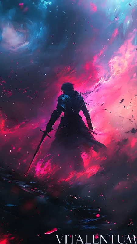 Lone swordsman framed by swirling neon storm sky.