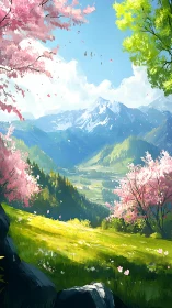 Mountain valley landscape shows spring meadow with blossoms