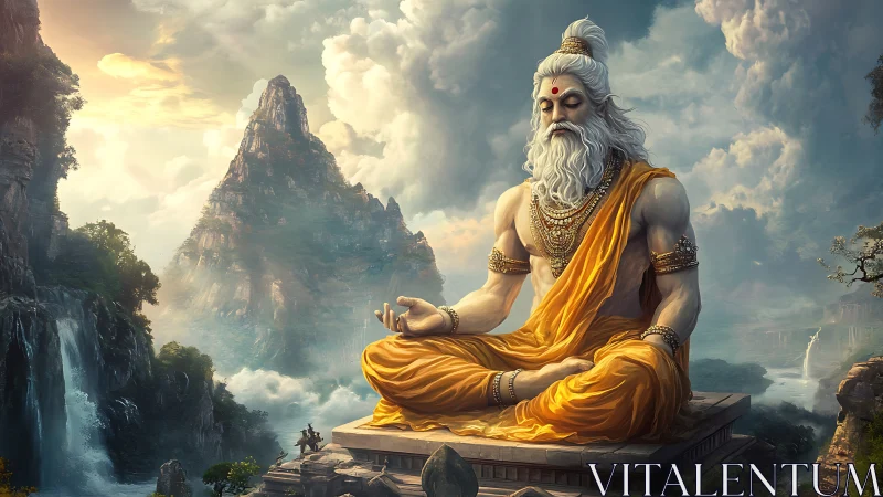 Mountain sage in molten gold robes dreaming over waterfalls.