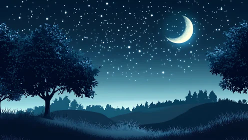 Crescent moon glows above quiet starlit hillside forest