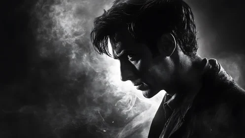 Side profile male portrait in dense monochrome smoke field.